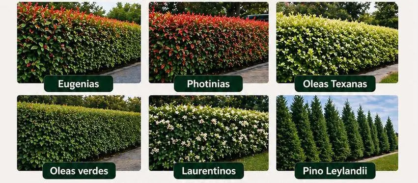 Tipos de cercos: eugenias, photinias, oleas texanas, oleas verdes, laurentinos y pino leylandii